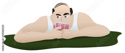Man playing poker, looking over hand of cards cartoon illustration