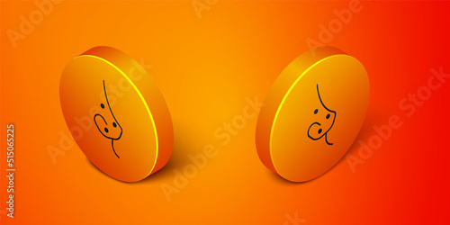 Isometric Acne icon isolated on orange background. Inflamed pimple on the skin. The sebum in the clogged pore promotes the growth of a bacteria. Orange circle button. Vector