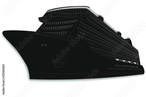 Silhouette of a cruise ship for sea travel, vector illustration of a large vehicle in black and white stroke, used for blueprints, simple sketch