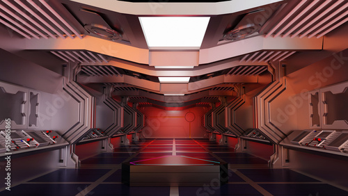 Fototapeta Naklejka Na Ścianę i Meble -  Podium in spaceship or space station interior, Sci Fi tunnel, stage for product presentation, 3D rendering.