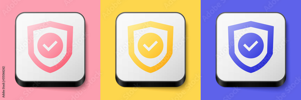 Isometric Shield with check mark icon isolated on pink, yellow and blue background. Protection symbol. Security check Icon. Tick mark approved icon. Square button. Vector Isometric Shield with check mark icon isolated on pink, yellow and blue background. Protection symbol. Security check Icon. Tick mark approved icon. Square button. Vector