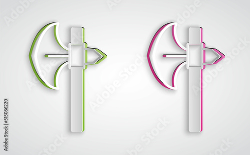 Paper cut Medieval axe icon isolated on grey background. Battle axe, executioner axe. Medieval weapon. Paper art style. Vector
