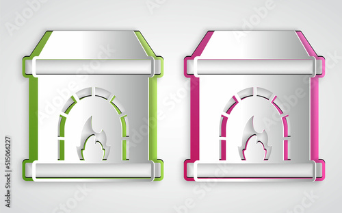 Paper cut Blacksmith oven icon isolated on grey background. Paper art style. Vector