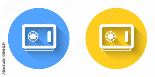 White Safe icon isolated with long shadow background. The door safe a bank vault with a combination lock. Reliable Data Protection. Circle button. Vector