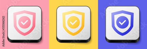 Isometric Shield with check mark icon isolated on pink, yellow and blue background. Protection symbol. Security check Icon. Tick mark approved icon. Square button. Vector