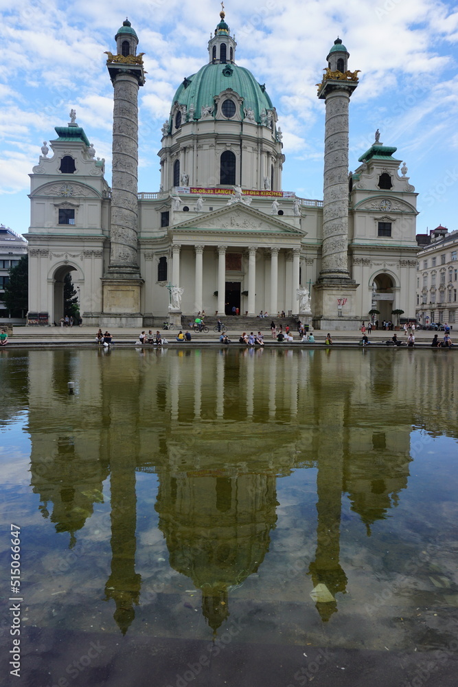 Reflection of Karlskirche, a cathedral in Vienna, Austria