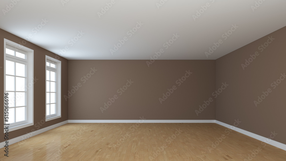 Fototapeta premium Beautiful Concept of the Empty Room with Brown Walls, Two Windows, Light Parquet and a White Plinth. Perspective View. High Quality 3D Render with a Work Path on the Windows. 8K Ultra HD, 7680x4320