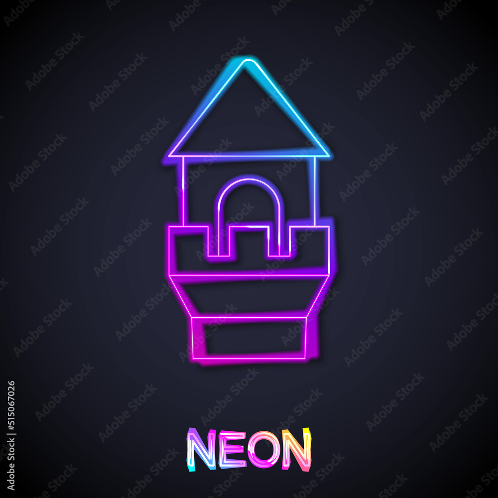 Obraz premium Glowing neon line Castle tower icon isolated on black background. Fortress sign. Vector