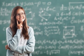 Happy academically gifted young girl solving a math equation.