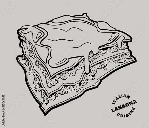 Meet lasagna traditional Italian dish. Outline doodle illustration.