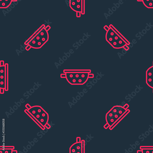 Red line Kitchen colander icon isolated seamless pattern on black background. Cooking utensil. Cutlery sign. Vector