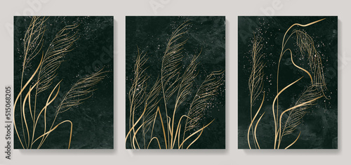 Luxury dark art background with grass in golden color. Botanical watercolor style poster set for wallpaper, textile, interior design, decor.