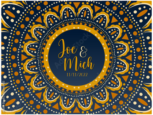 Vector. Decoración de boda. Mandala dorada sobre fondo azul. Nombres y fecha del evento.