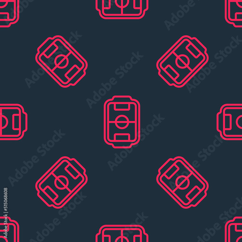 Red line Table football game hobby or leisure icon isolated seamless pattern on black background. Sport team football players. Vector
