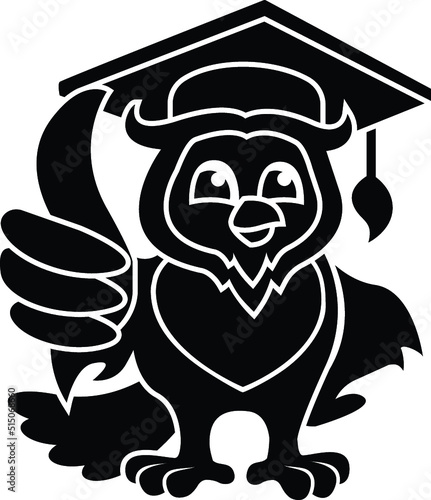 Black and White Cartoon Illustration Vector of an Owl Wearing a Mortarboard University Diploma Student