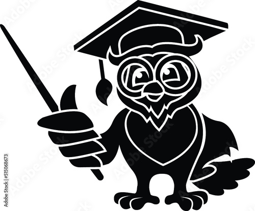Black and White Cartoon Illustration Vector of an Owl Wearing a Mortarboard University Diploma Student