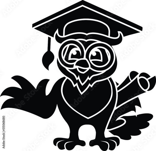Black and White Cartoon Illustration Vector of an Owl Wearing a Mortarboard University Diploma Student