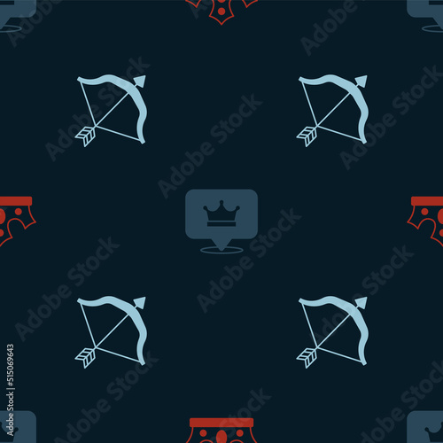 Set King crown, and Medieval bow and arrow on seamless pattern. Vector