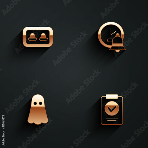 Set Earplugs with storage box, Alarm clock, Ghost and Medical prescription icon with long shadow. Vector