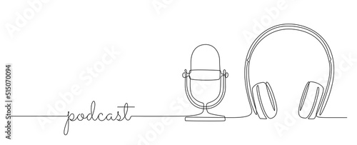 Continuous one line drawing of headphones speaker and microphone. Music gadget mic and earphones devices in simple linear style. Editable stroke. Doodle vector illustration