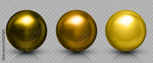 Chrome glass golden balls set. Realistic 3D orb with transparent glares and highlights for decoration. Jewelry gemstone. Vector Illustration for your design