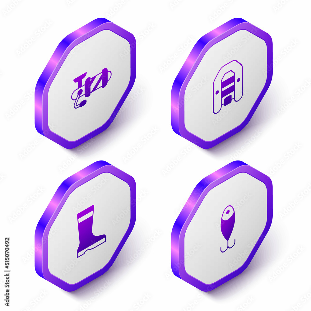 Set Isometric Spinning reel for fishing, Inflatable boat with motor, Fishing boots and lure icon. Purple hexagon button. Vector Set Isometric Spinning reel for fishing, Inflatable boat with motor, Fishing boots and lure icon. Purple hexagon button. Vector