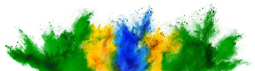 Ingelijste posters Bibliotheek colorful brazilian flag green yellow blue color holi paint powder explosion isolated white background. brazil rio de janeiro carnival qatar and celebration soccer travel tourism concept  © stockphoto-graf