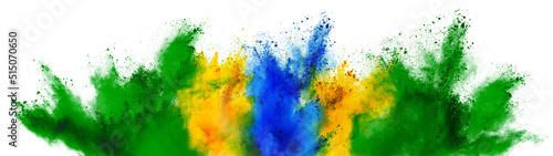 colorful brazilian flag green yellow blue color holi paint powder explosion isolated white background. brazil rio de janeiro carnival qatar and celebration soccer travel tourism concept