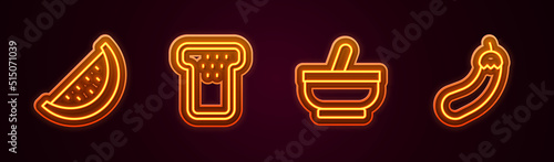 Set line Watermelon, Bread toast, Mortar and pestle and Eggplant. Glowing neon icon. Vector