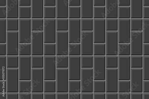 Black rectangle and square tile vertical layout. Ceramic or brick wall seamless pattern. Kitchen backsplash or bathroom floor mosaic background. Vector flat illustration.