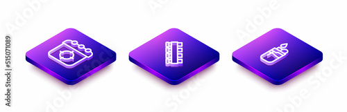 Set Isometric line Target sport, Hunting cartridge belt and Lighter icon. Vector
