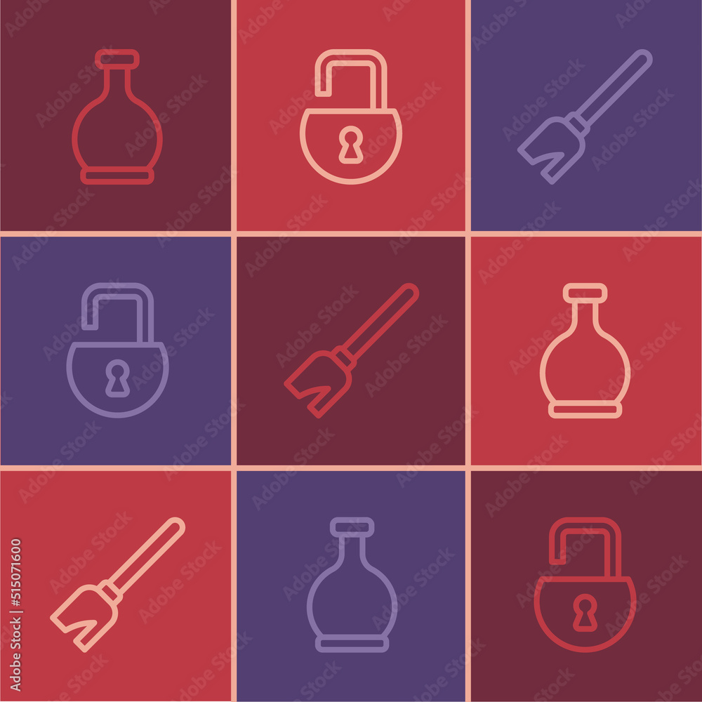 Set line Bottle with potion, Witches broom and Open padlock icon. Vector Set line Bottle with potion, Witches broom and Open padlock icon. Vector