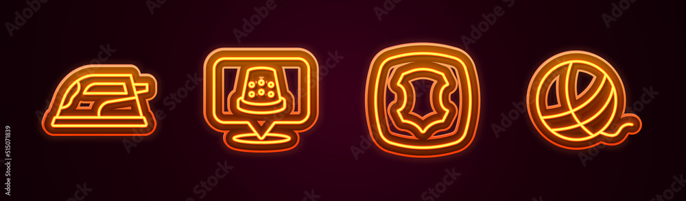 Set line Electric iron, Thimble for sewing, Leather and Yarn ball. Glowing neon icon. Vector Set line Electric iron, Thimble for sewing, Leather and Yarn ball. Glowing neon icon. Vector