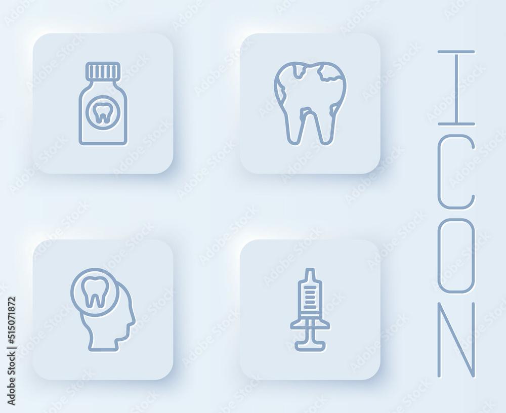 Set line Toothache painkiller tablet, Broken tooth, and Syringe. White square button. Vector Set line Toothache painkiller tablet, Broken tooth, and Syringe. White square button. Vector