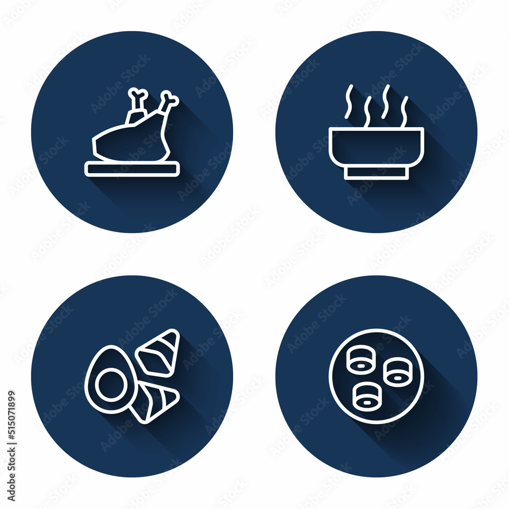 Set line Roasted turkey or chicken, Ramen soup bowl, Chicken egg with vegerables and Sushi with long shadow. Blue circle button. Vector