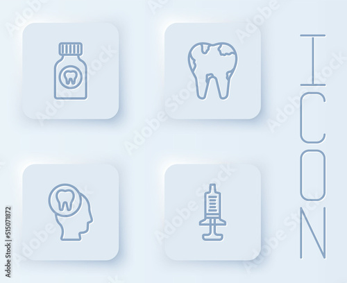 Set line Toothache painkiller tablet, Broken tooth, and Syringe. White square button. Vector