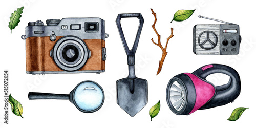 Set of watercolor illustrations expedition camera, shovel, magnifier, radio, flashlight. Camping excavations. For the design of design compositions on the theme of tourism, hiking, outdoor recreation.