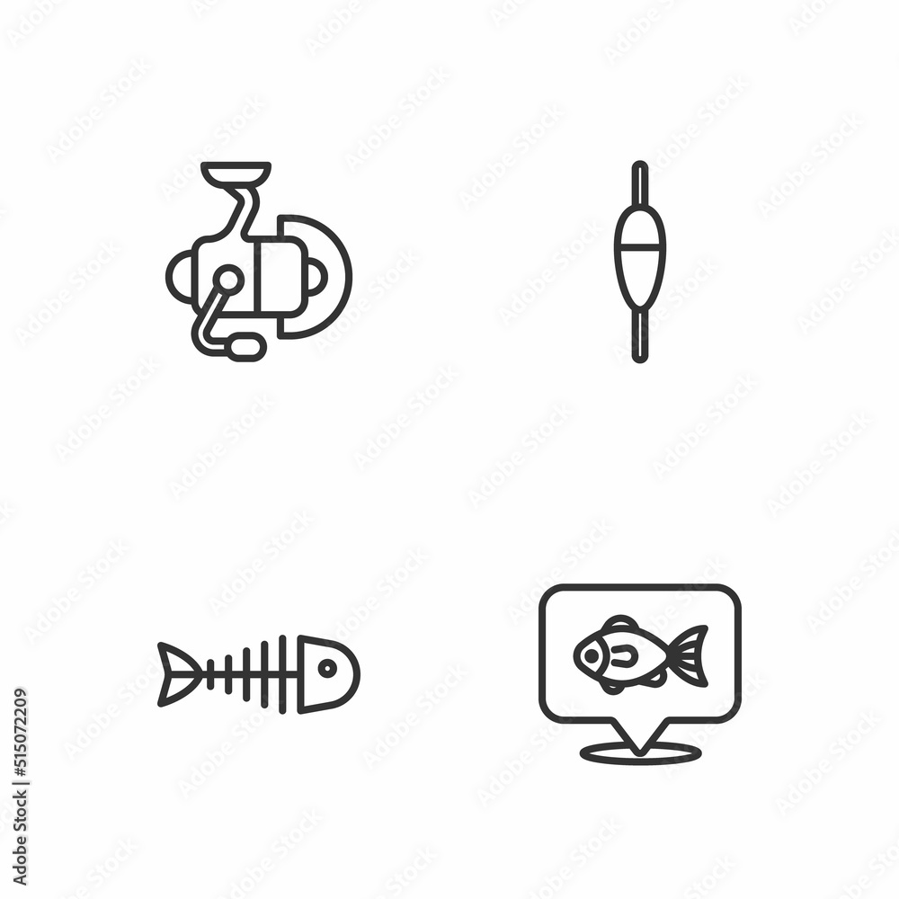 Set line Location fishing, Fish skeleton, Spinning reel for and Fishing float icon. Vector