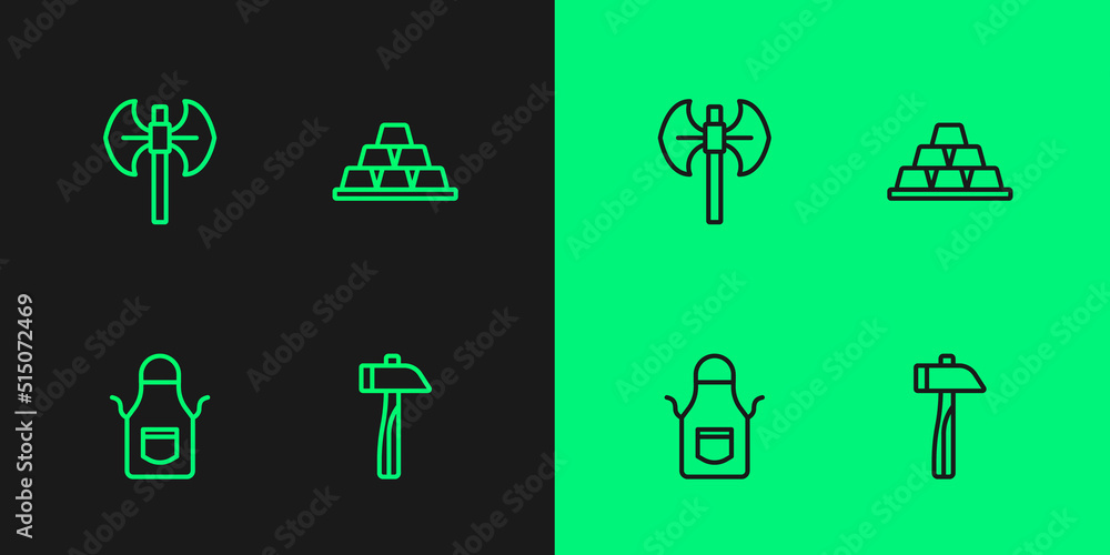 Set line Hammer, Blacksmith apron, Medieval poleaxe and Gold bars icon. Vector Set line Hammer, Blacksmith apron, Medieval poleaxe and Gold bars icon. Vector