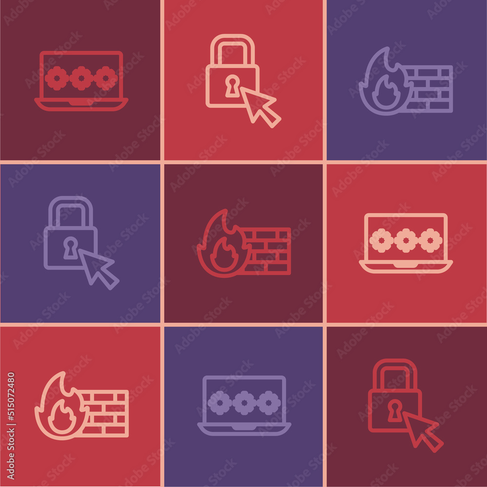 Set line Laptop with password, Firewall, security wall and Lock icon. Vector Set line Laptop with password, Firewall, security wall and Lock icon. Vector