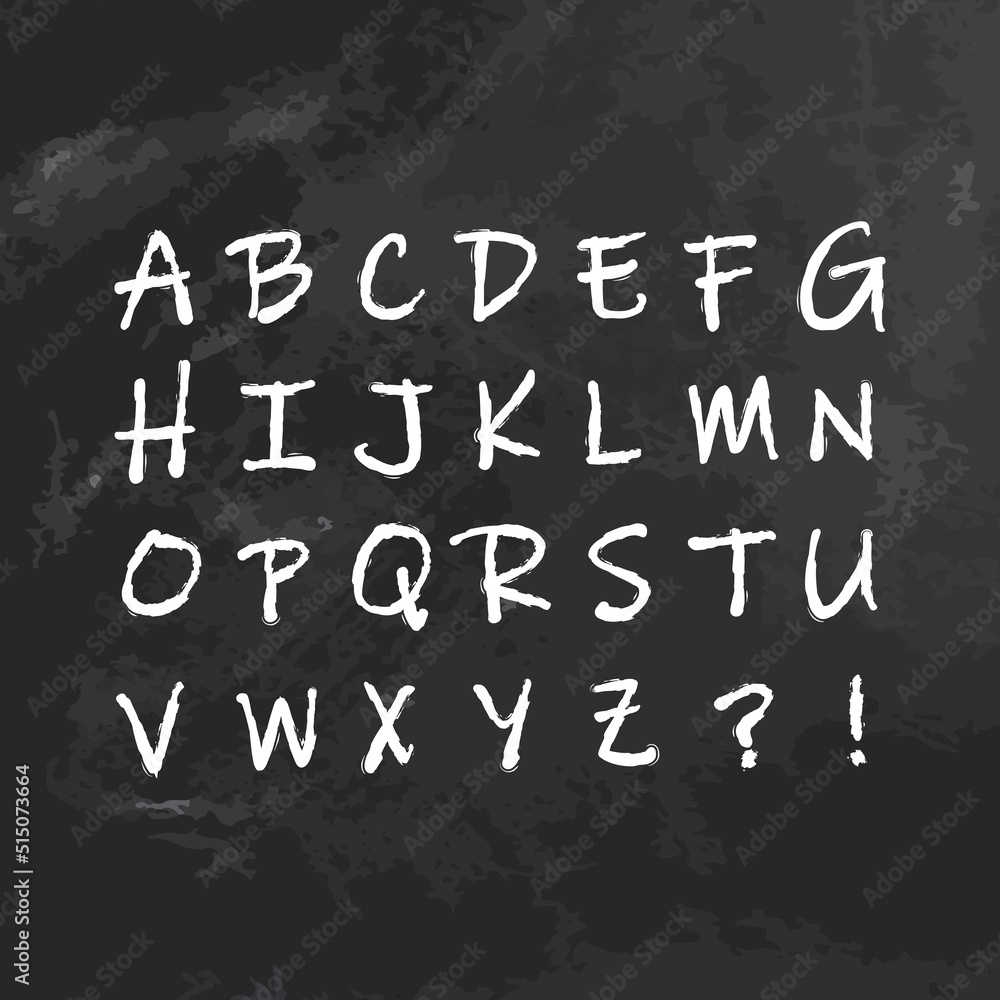 Vector chalk style alphabet isolated letters on textured blackboard. ABC grunge design on shchool board. Hand driwind font. 