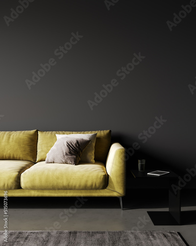 Black living room interior with yellow sofa, minimalist industrial style, 3d render