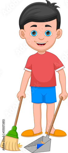 cartoon young boy sweeping floor