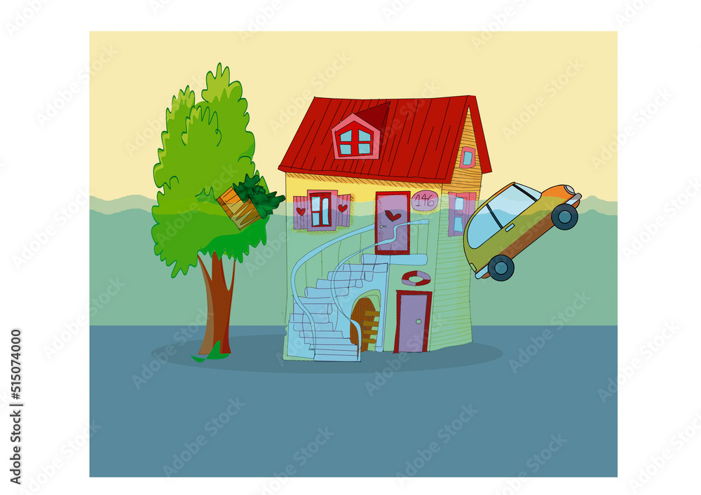 Naklejka premium Inundación - aluvión - arroyada - rebosamiento - crecida - desbordamiento - drenaje - raudal - riada - riego- ilustración- carro, casa, dibujo, agua