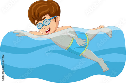 Cartoon little boy swimming in the pool