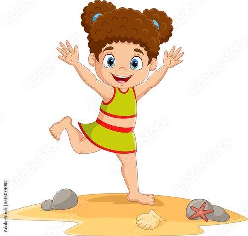 Cartoon little girl in swimsuit on beach