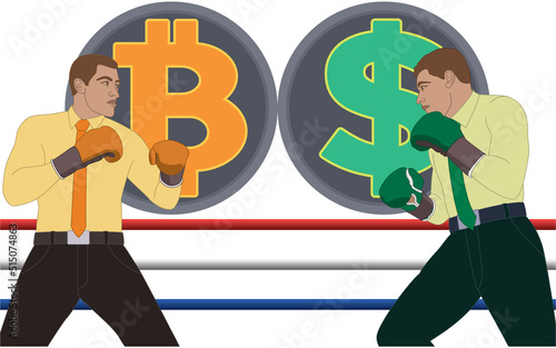 businessmen wearing boxing gloves boxing in a match between bitcoin and dollar currency isolated on white background