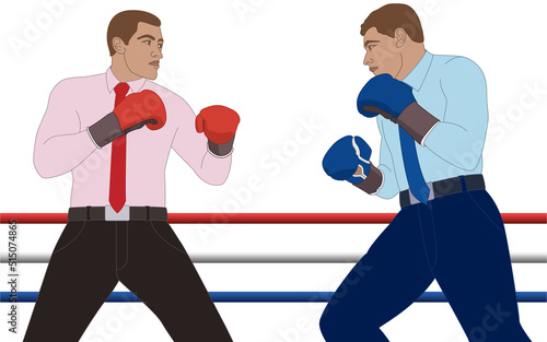 businessmen wearing boxing gloves boxing in a match isolated on a white background