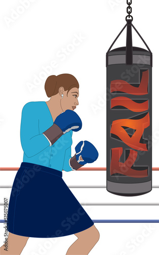 businesswoman wearing boxing gloves punching FAIL on the punching bag isolated on white background