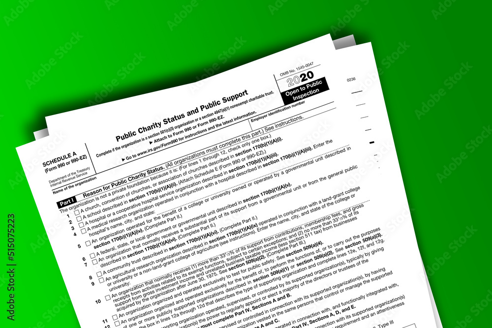 Form 990 or 990-EZ (Sch A) documentation published IRS USA 01.22.2021. American tax document on colored Form 990 or 990-EZ (Sch A) documentation published IRS USA 01.22.2021. American tax document on colored